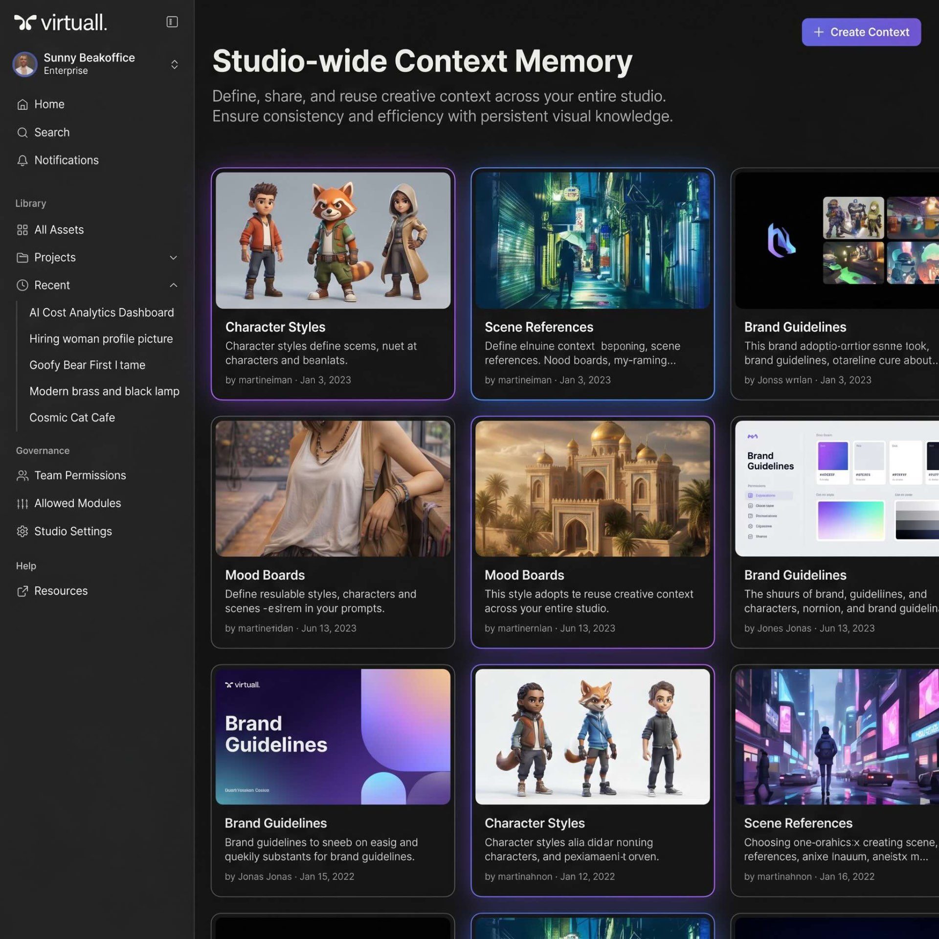 Studio-wide Context Memory — Define, share, and reuse creative context across your entire studio. Persistent visual knowledge — characters, scenes, mood boards, and brand guidelines — available to every team member and every generation.