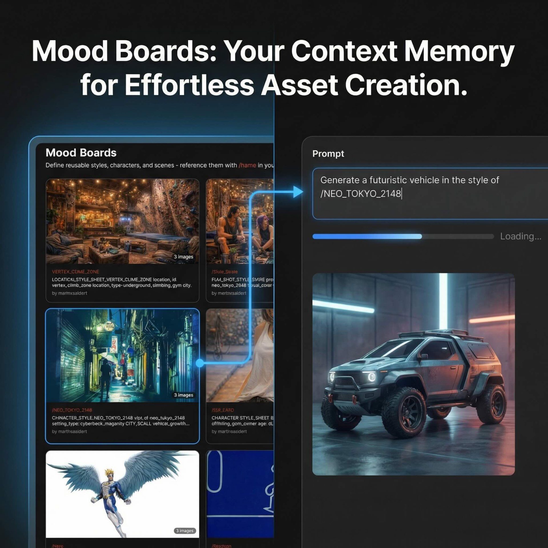 AI Mood Boards — Lock in style, palette, characters and lore as persistent studio context — referenced by every asset.